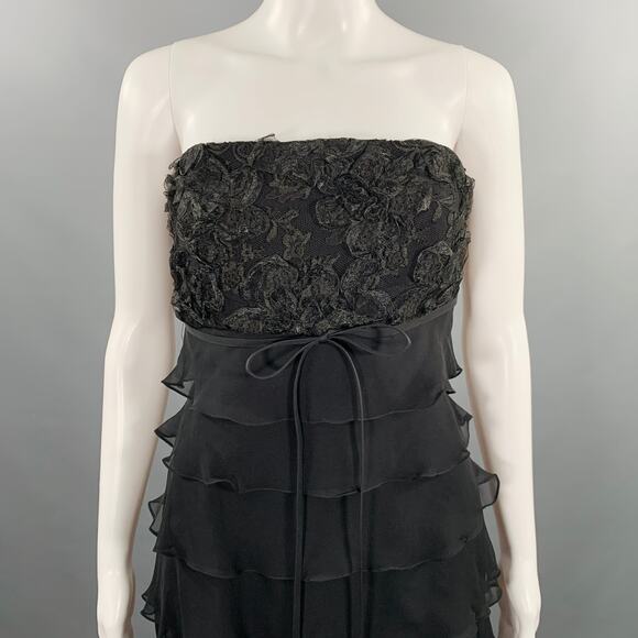 SHAWN RAY FONS Size 6 Black Silk Lace Ruffle Long Cocktail Dress - Picture 2 of 7